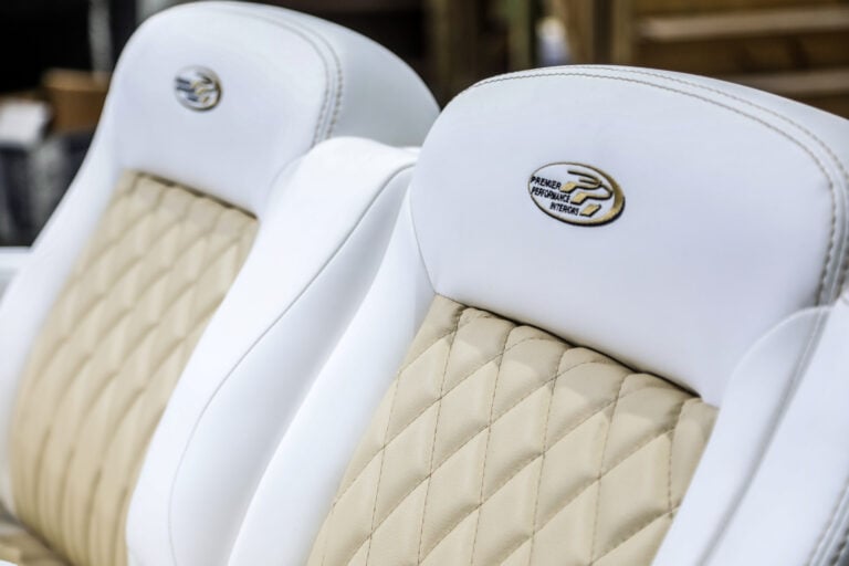 Diamond-stitched white marine seats, from the Premier Performance Interiors case study