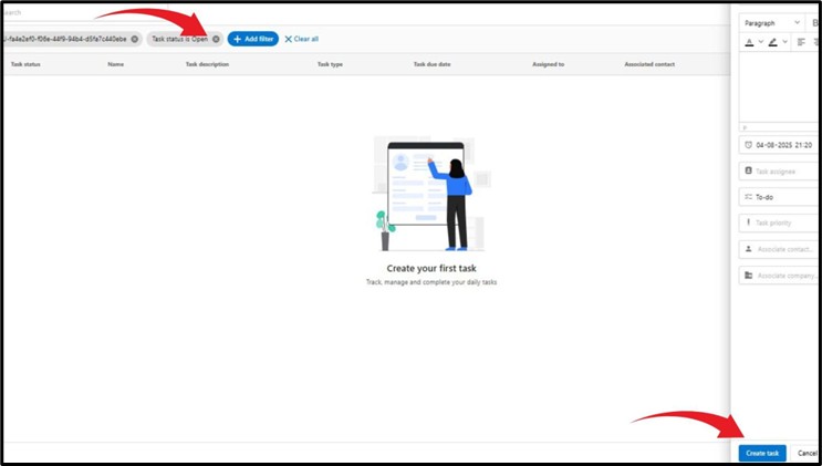 Screenshot of The Vault CRM 'Tasks' screen, showing an empty task list with an illustration to 'Create your first task'. The 'Create task' button is highlighted.