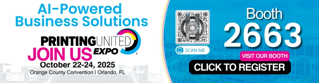 AI-Powered Business Solutions banner for Printing United Expo, booth 2663, with QR code.