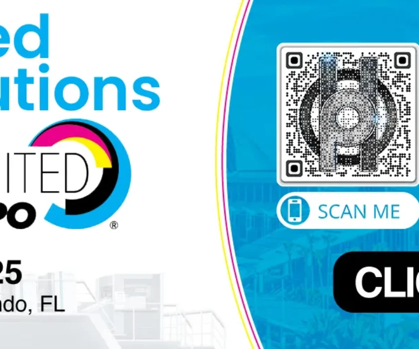 AI-Powered Business Solutions banner for Printing United Expo, booth 2663, with QR code.