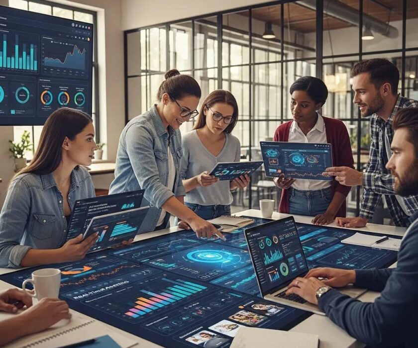 Diverse marketing team collaborating with AI tools in a modern workspace