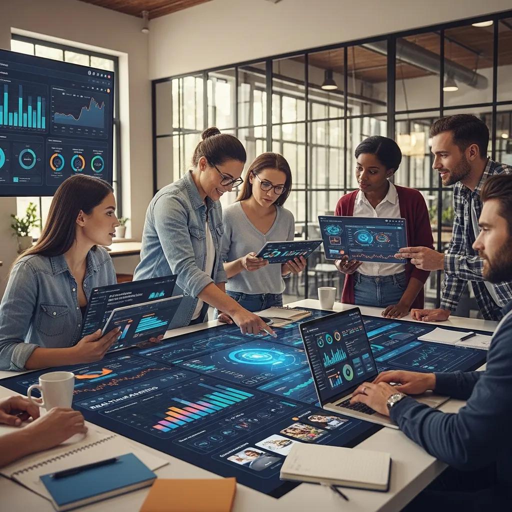 Diverse marketing team collaborating with AI tools in a modern workspace