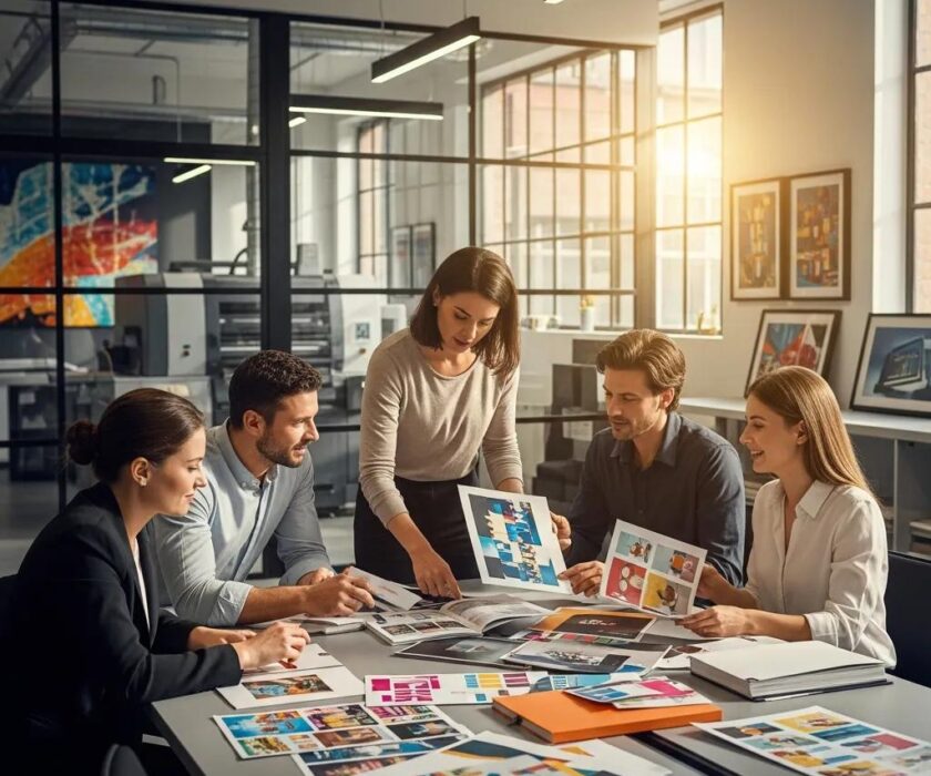 Diverse professionals collaborating in a modern printing company, surrounded by colorful marketing materials