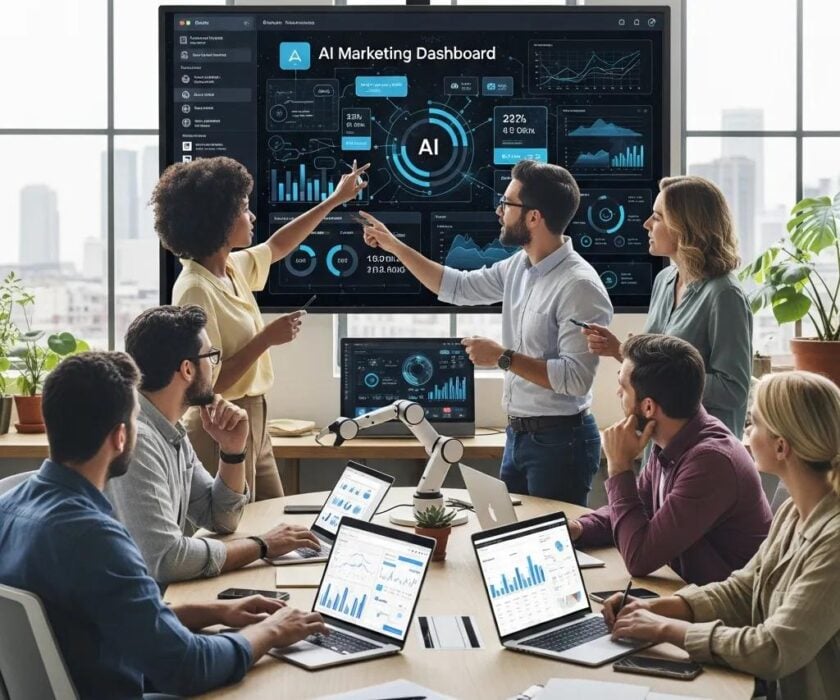 Diverse professionals collaborating on AI marketing strategies in a modern office