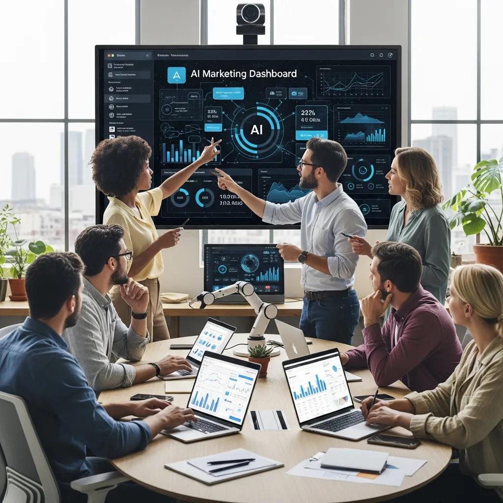 Diverse professionals collaborating on AI marketing strategies in a modern office