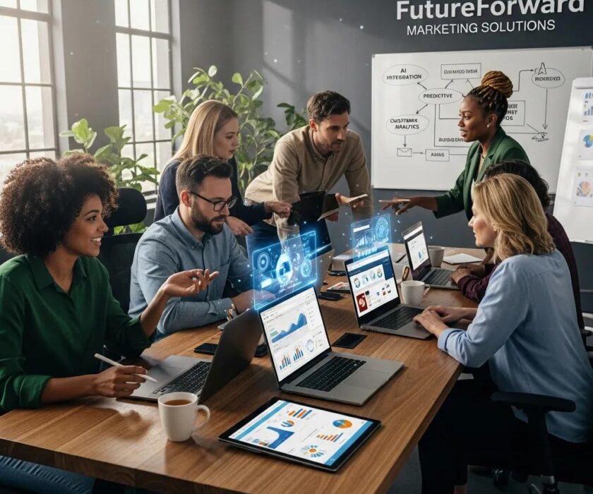 Diverse team collaborating in a modern office, emphasizing teamwork in AI marketing