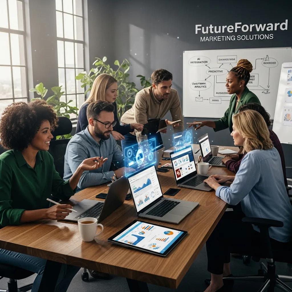 Diverse team collaborating in a modern office, emphasizing teamwork in AI marketing