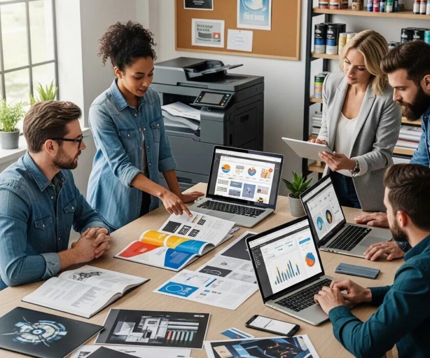 Modern print marketing workspace with professionals collaborating over print and digital materials
