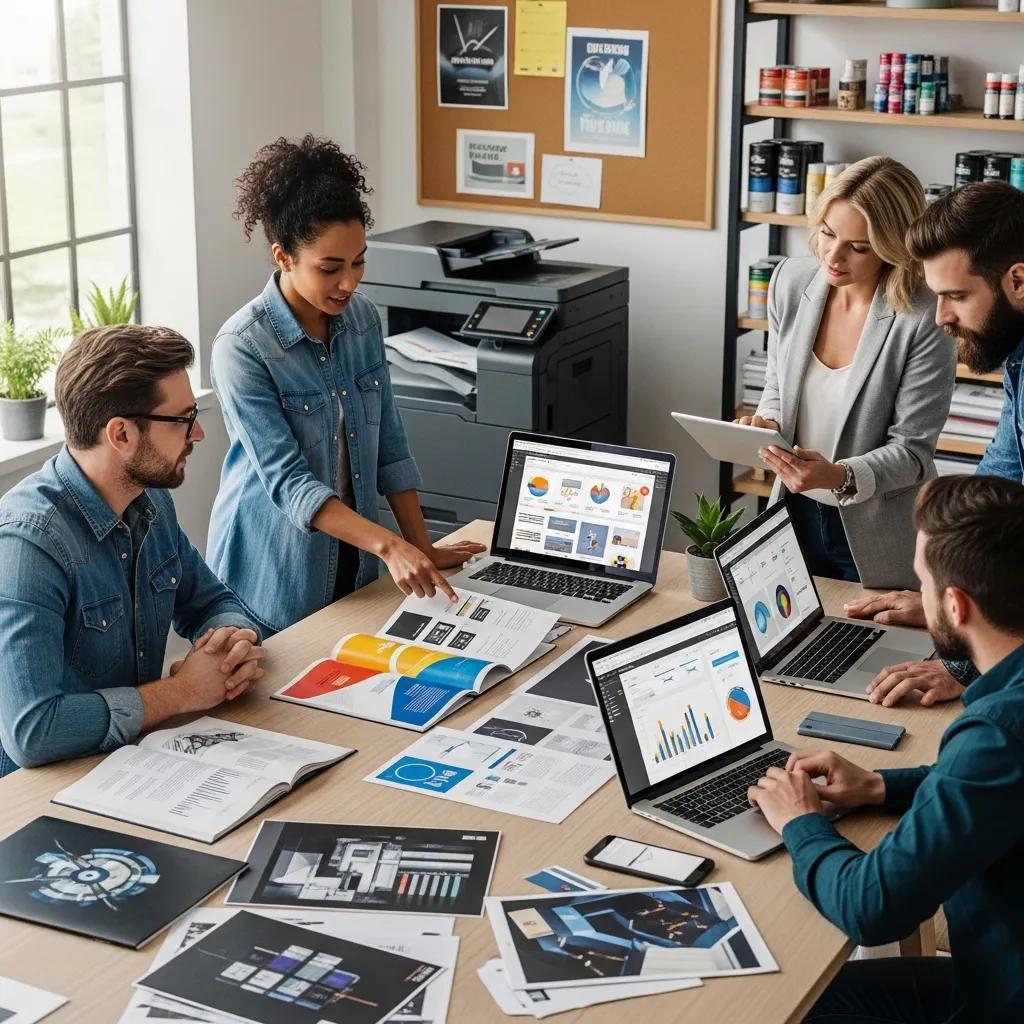 Modern print marketing workspace with professionals collaborating over print and digital materials