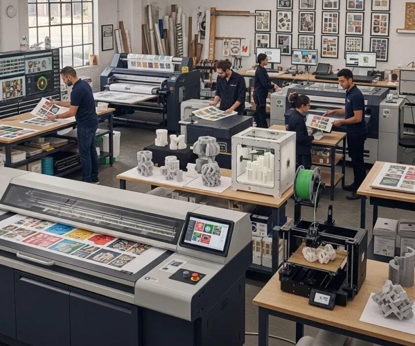 Modern print technologies including 3D printers and digital printing machines in a busy workshop