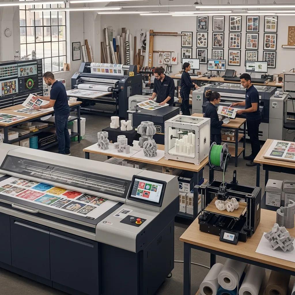 Modern print technologies including 3D printers and digital printing machines in a busy workshop