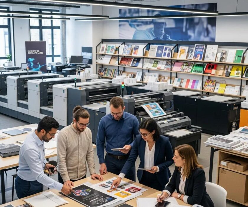 Modern printing business environment with professionals collaborating over printing materials