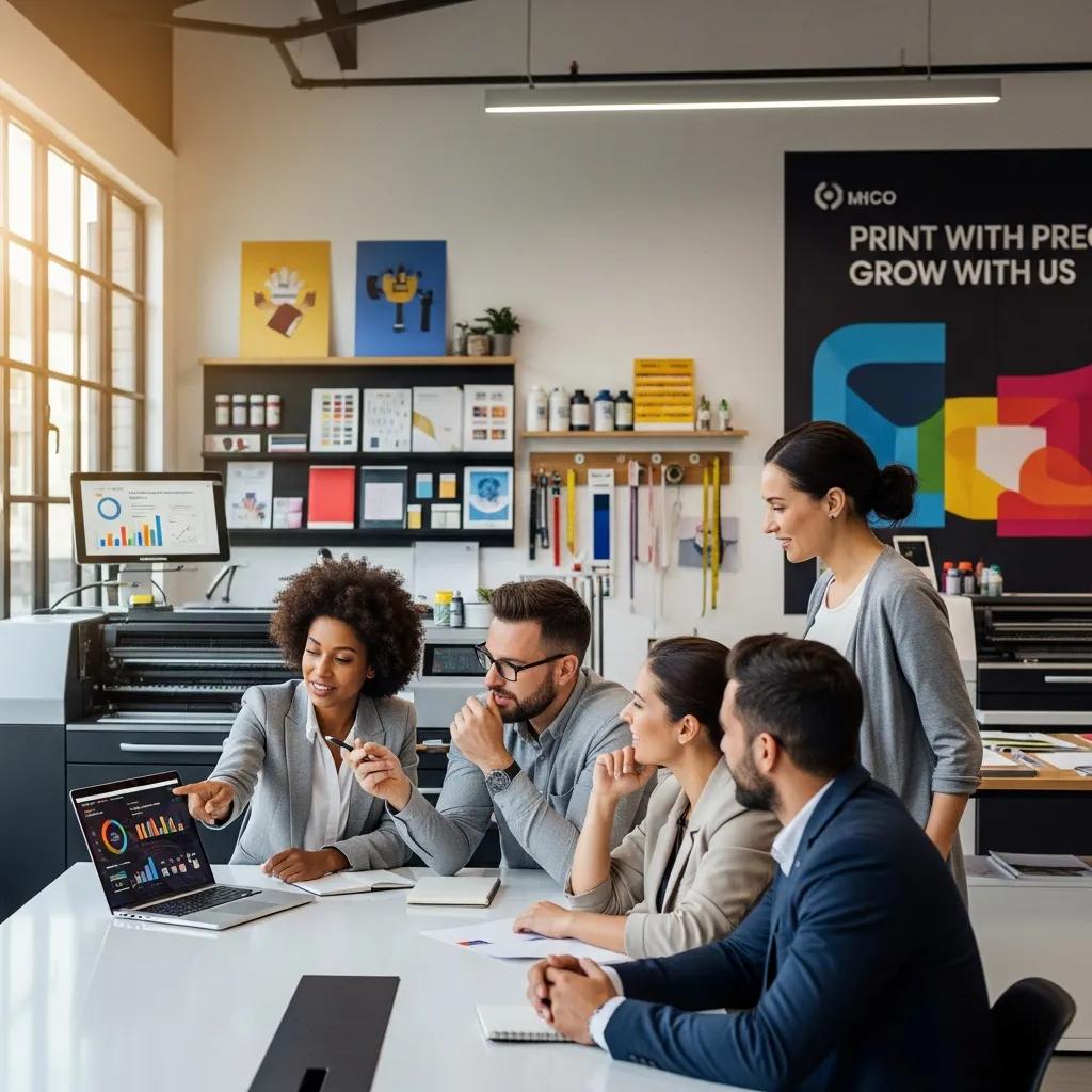 Modern printing company team collaborating on lead generation strategies