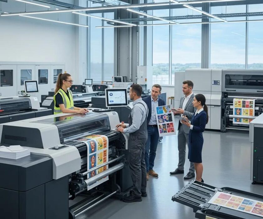 Modern printing facility with diverse professionals collaborating around digital printing machines