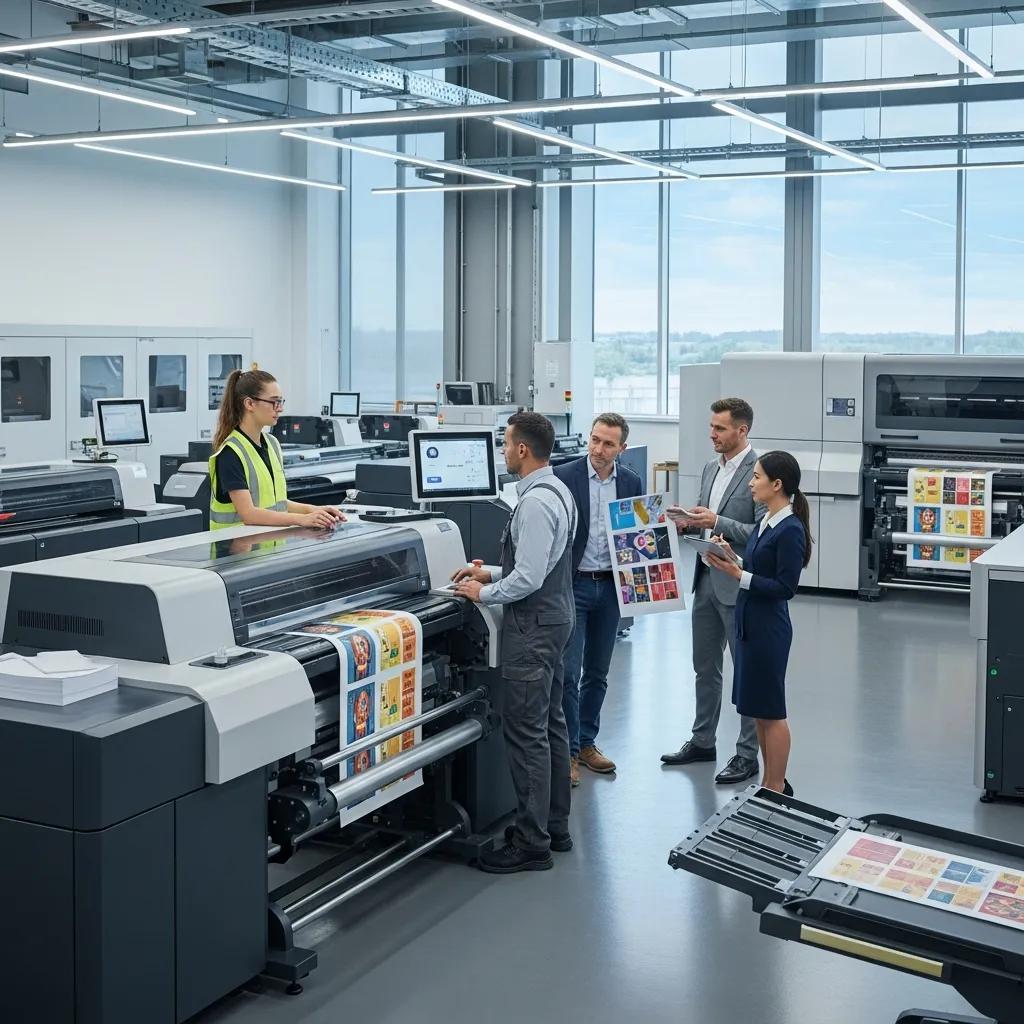 Modern printing facility with diverse professionals collaborating around digital printing machines