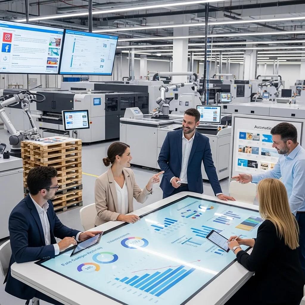 Modern printing facility with professionals using automated marketing tools