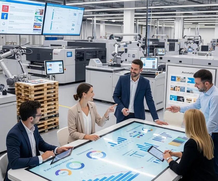 Modern printing facility with professionals using automated marketing tools
