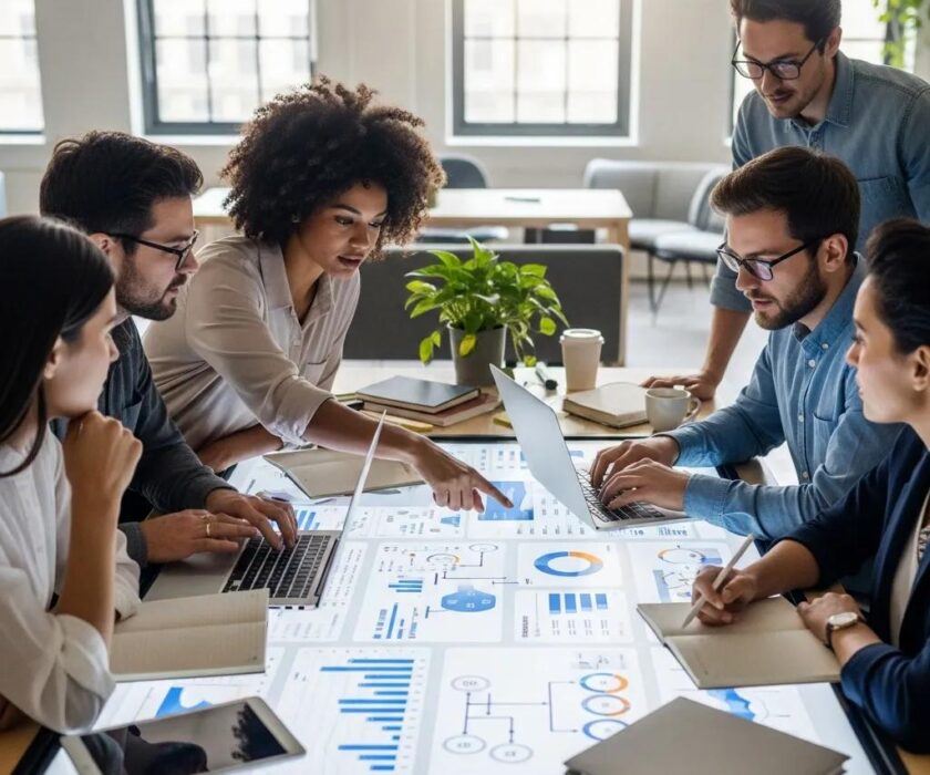 Professionals collaborating in a modern office on marketing automation strategies