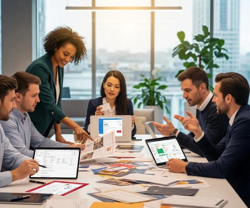 Team collaborating on print marketing automation strategies in a modern office