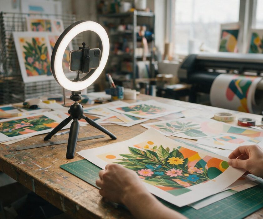A smartphone on a tripod with a ring light recording a product demonstration on a workbench in a sign and graphics workshop