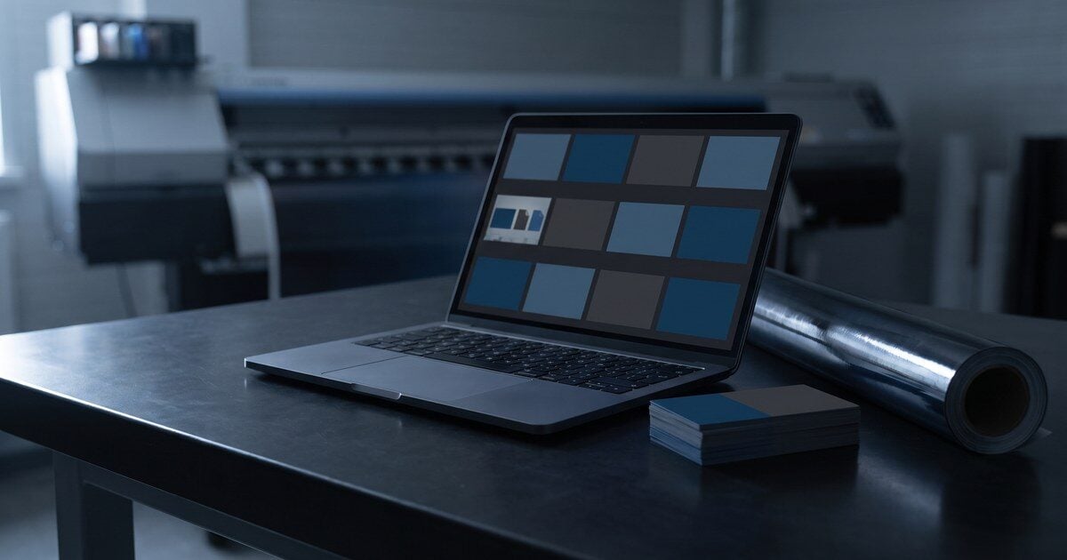 Laptop showing a web-to-print storefront ordering screen on a print shop workbench