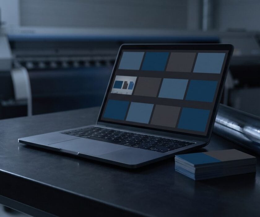 Laptop showing a web-to-print storefront ordering screen on a print shop workbench