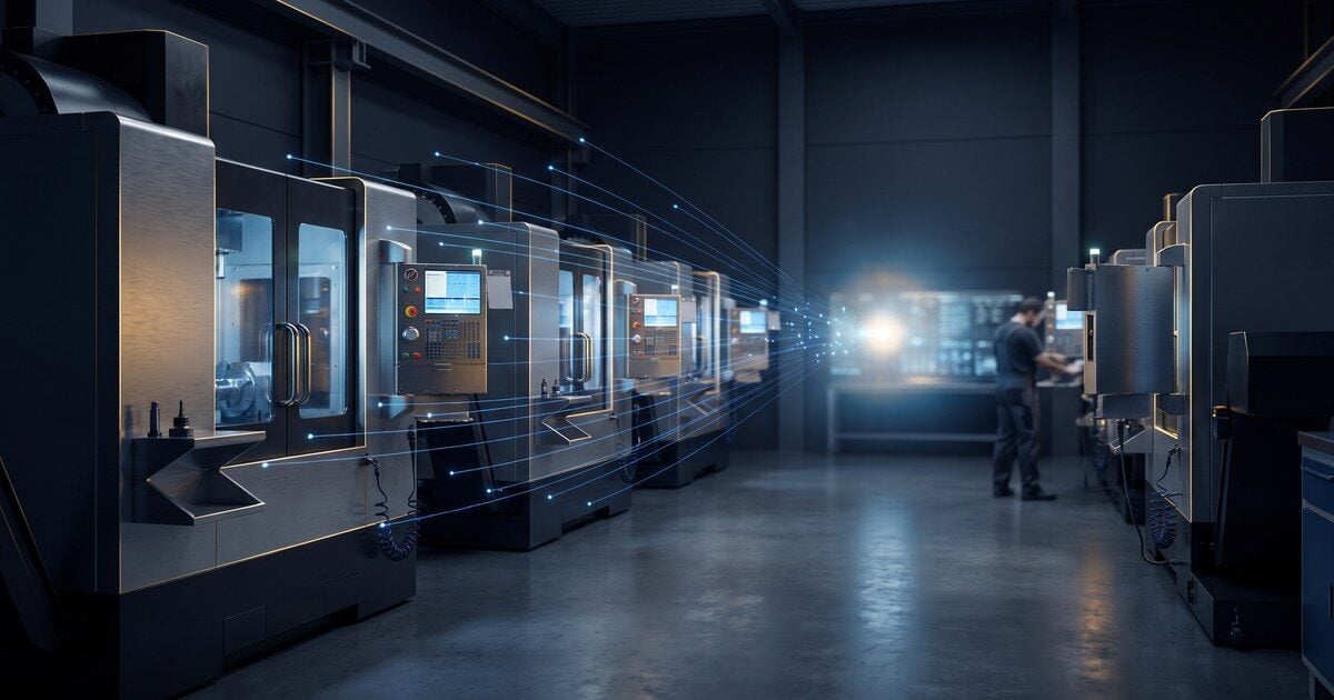A row of CNC machining centers on the concrete floor of a modern manufacturing plant, lit in deep blue, with a technician at a control station in the background.