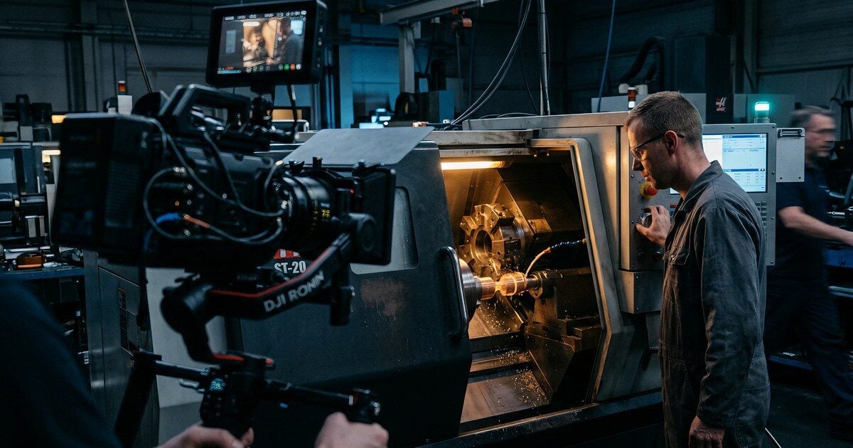 A cinema camera on a rig films a machinist at a lit CNC lathe on a manufacturing floor — video production for manufacturers by Howell Studios