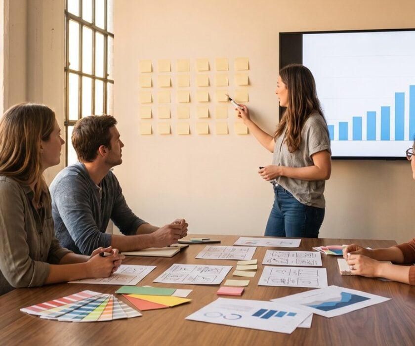 Advertising agency team planning a campaign for a manufacturing and print client