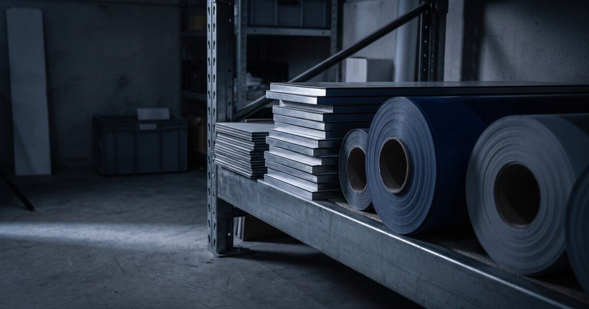 Stacked blank aluminum composite signage panels and rolls of vinyl substrate on a steel rack in a dark sign shop
