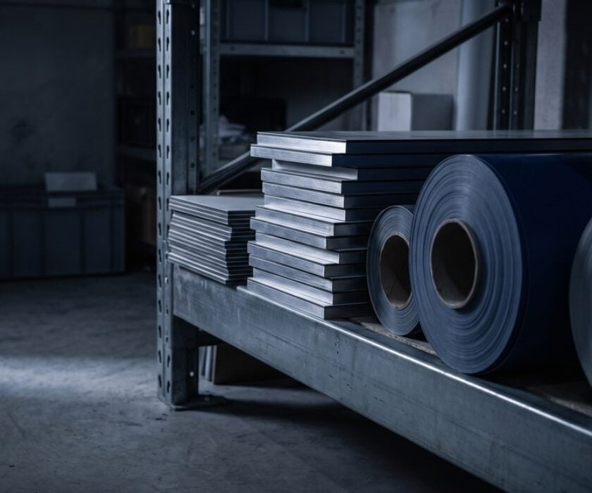 Stacked blank aluminum composite signage panels and rolls of vinyl substrate on a steel rack in a dark sign shop