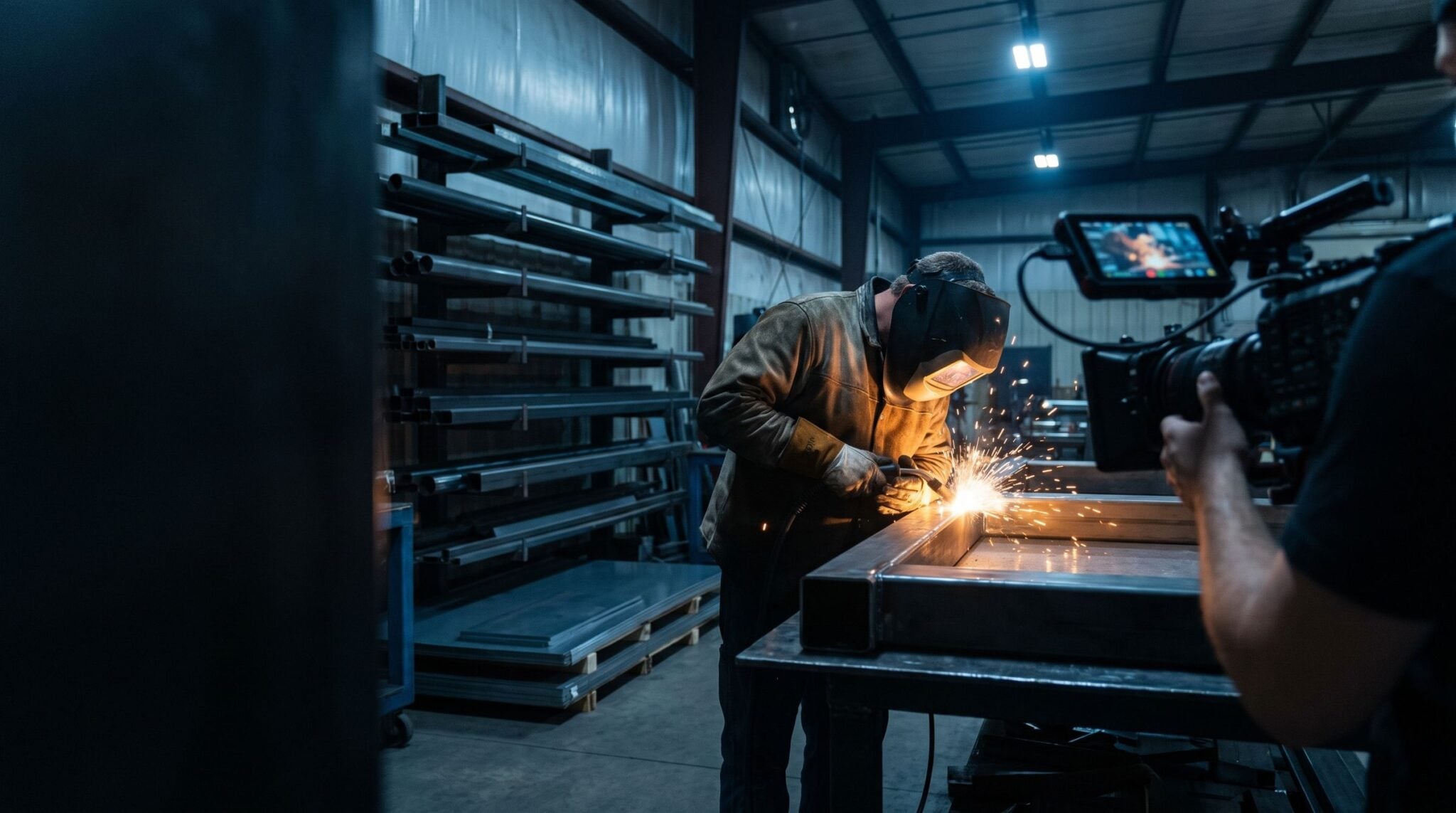 A welder joins a steel frame on a fabrication plant floor while a video camera operator films the weld